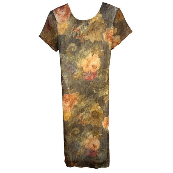 VTG Olive Green Floral Dress Sz 13/14 Fairy Cottage Core Y2K Midi Length - Picture 1 of 11